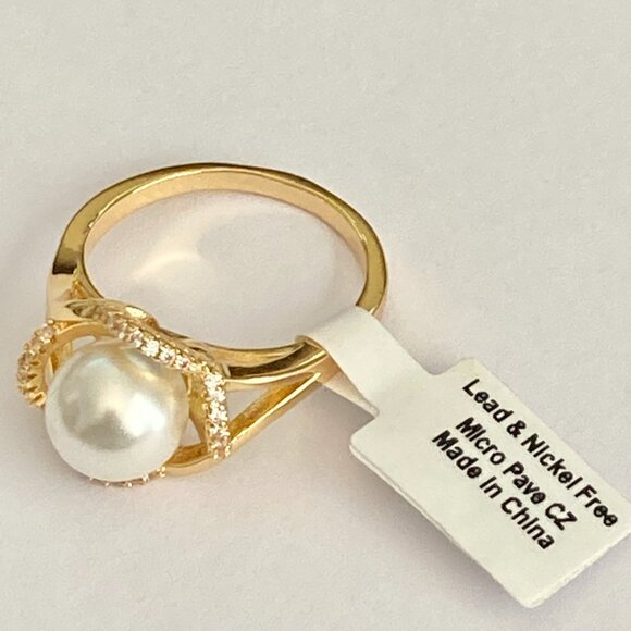 Art Deco Cubic Zirconia White Pearl Cocktail Ring Yellow Gold Plated Size 7 8 9 - Picture 11 of 16